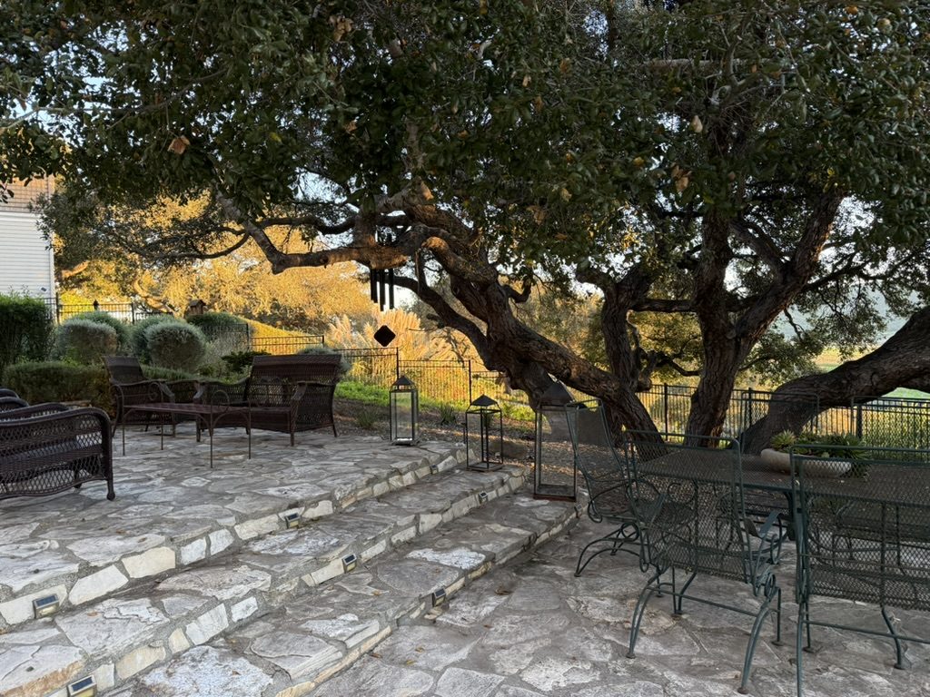 The stone terrace under the oaks at golden hour